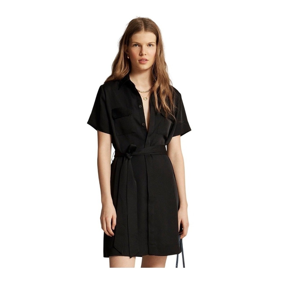 J. Crew Mini‎ Satin Shirt Dress Black Half Button Belted 8